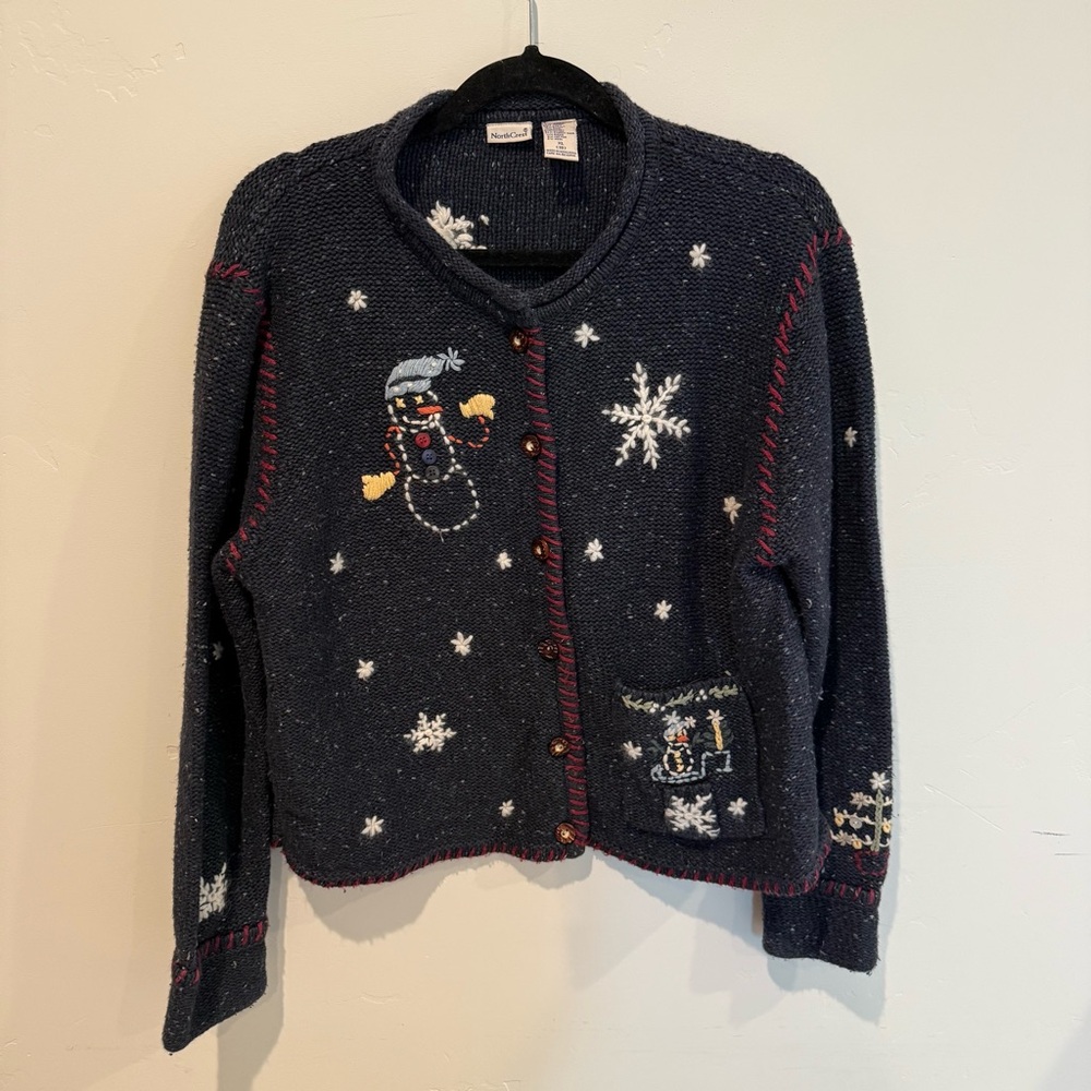 Vintage Northcrest Navy Snowflake Knit Cardigan Sweater Womens Size XL Christmas